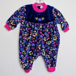 Vintage Emma's Garden 90s Baby Girl's One‎ Piece Velour Floral Romper 6 Months